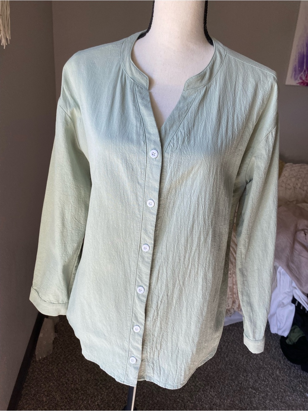 Sage Green Linen Cotton Women’s button up shirt size medium